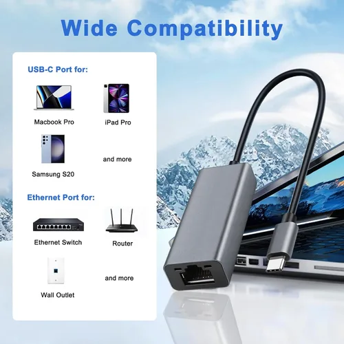 Vista 5 de Adaptador USB C a Ethernet, concentrador de red portátil de 1 Gigabit, 10/100/1000 Mbps, adaptador de Internet USB 3.0 a RJ45 compatible con laptop