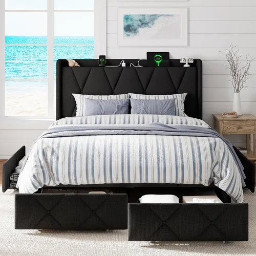 Vista 10 de GalnFu Base de cama de tamaño matrimonial con 4 cajones de almacenamiento, plataforma tapizada con estación de carga, moderna cabecera de Beige