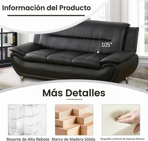Vista 4 de Juego de sofá y sofá biplaza, juego de sofá de piel sintética, juego de muebles de sala de estar, juego de sofás negros para sala de estar