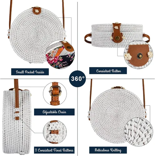 Vista 4 de Natural Neo - Bolsa tejida a mano de mimbre redonda y elegante con correas de cuero natural