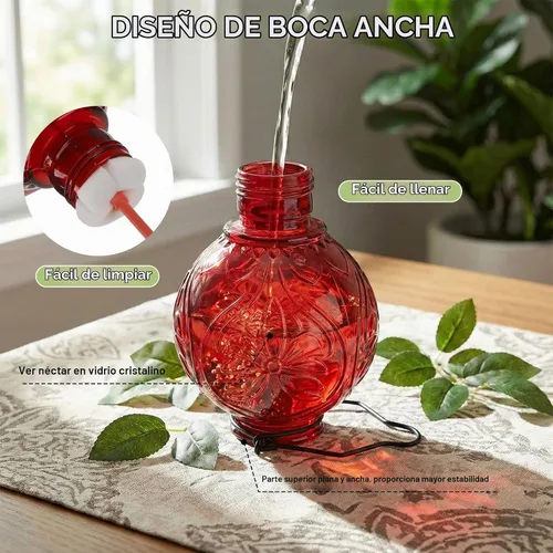 Vista 4 de Comedero de vidrio para colibríes para colgar al aire libre, comedero de néctar de colibrí de 25 onzas con perca y 5 puertos de alimentación de Rojo