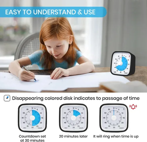 Vista 2 de Yunbaoit Temporizador Visual Negro Mejorado con Estuche Protector, Temporizador Silencioso de Cuenta Regresiva de 60 Minutos para Niños y Adultos