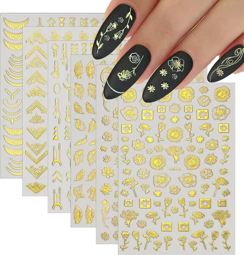 Vista 10 de 12 hojas de calcomanías de uñas doradas, calcomanías de uñas autoadhesivas 3D de metal con diseño de rayas geométricas onduladas, diseños de arte