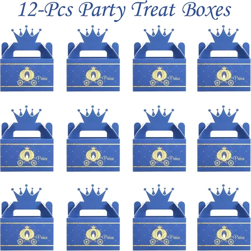 Vista 4 de Caja de premios con corona de príncipe para fiesta, caja de dulces azules y dorados, suministros de fiesta para baby shower, decoración