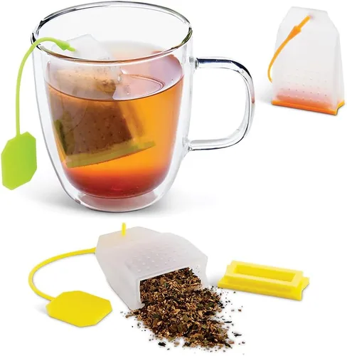 Vista 20 de HIC Kitchen Infusor de té Leaf con bandeja de goteo, té de hierbas de hojas sueltas, acero inoxidable 18/8 y silicona, juego de 2