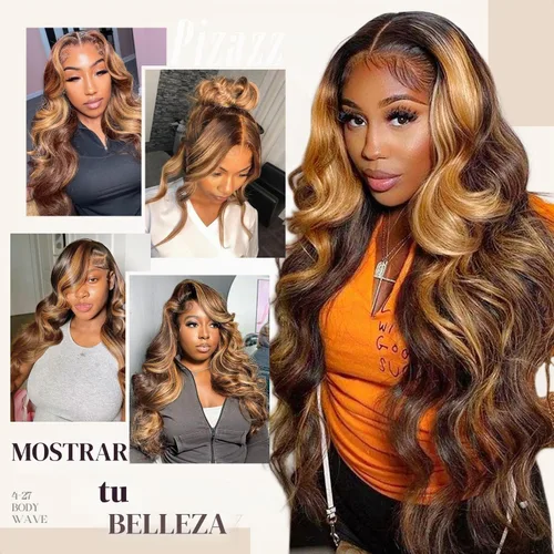 Vista 8 de Pizazz Honey Blonde Lace Front Wigs Human Hair Pre Plucked Natural Hairline 13x4 Glueless Wigs Human Hair 180 Density 4/27 Highlight Body Wave Human
