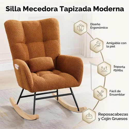 Vista 4 de Mecedora deslizadora tapizada con patas de madera para sala de estar, dormitorio, cuarto de bebé, incluye bolsillos laterales