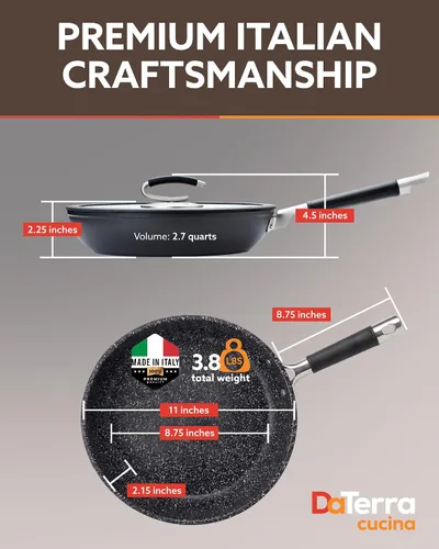 Vista 4 de Sartén profesional para freír con tapa, de Vesuvio Italian Crafted Cookware, PFOA and PFAS-Free, Induction Compatible, 450°F Oven Safe, Cool Touch