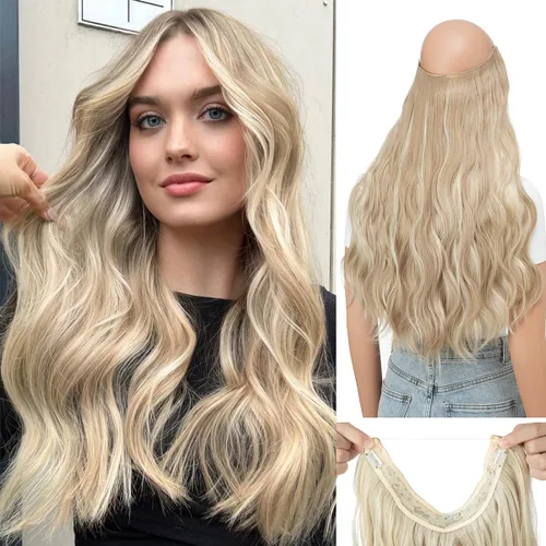 Vista 9 de Extensiones de cabello de alambre transparente invisible con 3 clips seguros, diadema ajustable, tamaño ondulado, rizado, largo, sintético