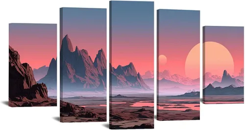 Vista 20 de VOCBAN Canvas Wall Art for Bedroom - 5 Large Oversize Modern Boho Neutral Room Decor - Mountain Moon Abstract Nature Artwork for Living Room Dining