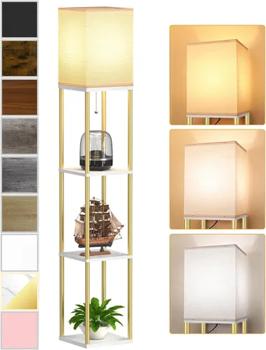 Vista 14 de Lámpara de pie con estantes para sala de estar color marrón nogal, lámpara de pie con estante con bombilla LED de 3 CCT, lámpara de columna de pie