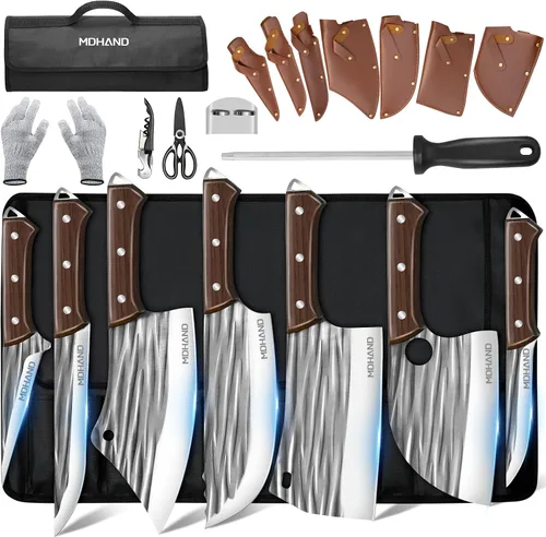 Vista 10 de MDHAND - Juego de cuchillos de carnicero, 14 cuchillos de carnicero forjados a mano con bolsa de rollo, cuchillo de carne resistente, cuchillos