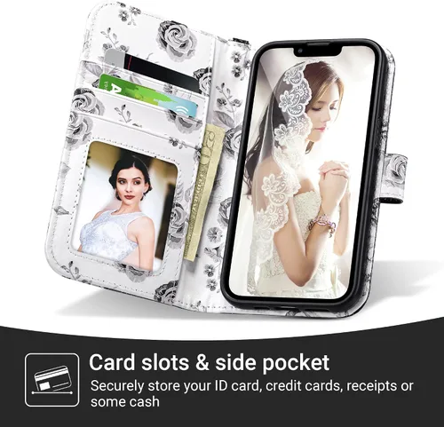Vista 3 de ULAK Compatible con iPhone 13 Funda tipo cartera para mujer, funda tipo billetera de piel PU con tarjetero y función de caballete, funda protectora