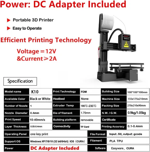 Vista 6 de Impresora 3D portátil - Impresora 3D FDM compacta con placa de construcción extraíble, compatibilidad con filamento PLA y TPU, boquilla de 0.4 mm