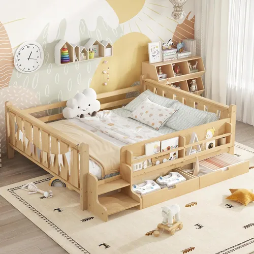 Vista 14 de Bellemave Cama Montessori completa con escaleras y cajones de Escaleras marrones