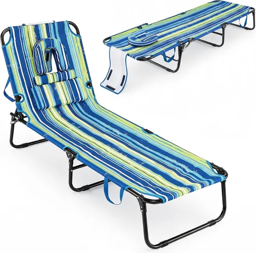 Vista 20 de GYMAX Silla de bronceado, silla de playa de 350 libras con agujero para la cara, almohada lavable y correa de transporte, tumbona plegable Ártico