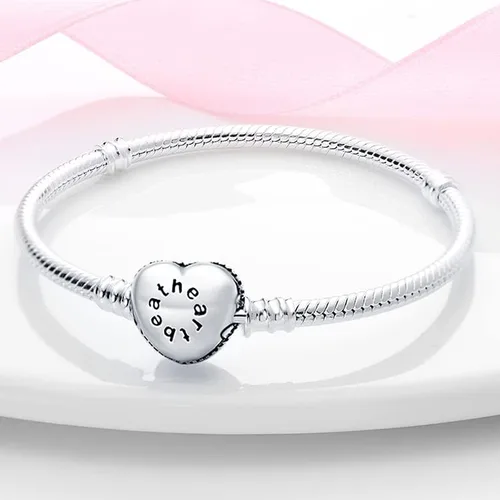 Vista 3 de LongLuck Pulsera clásica de cadena de serpiente con cierre en forma de corazón plata de ley 925 con dije de piedra cúbica se adapta a cualquier dije