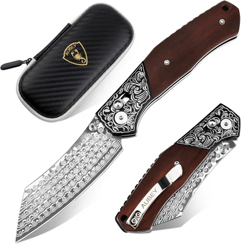 Vista 14 de Cuchillo de bolsillo plegable de Damasco AUBEY hecho a mano con clip para hombres, cuchillo de caza de Damasco EDC con bloqueo de vástago para Mango