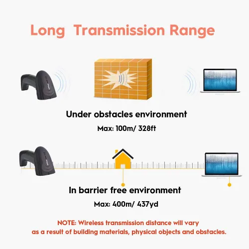Vista 3 de NADAMOO Escáner de código de barras inalámbrico con base de carga USB 328 pies de transmisión de largo portátil 1D lector de código de barras láser