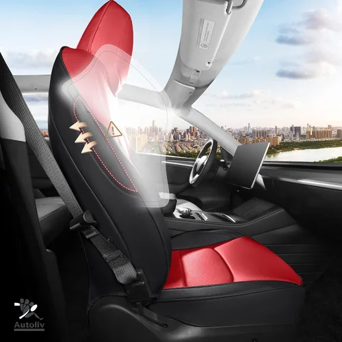 Vista 3 de Funda de asiento para Tesla Modelo Y 2020-2024, impermeable, de piel de napa totalmente envuelta (TY-rojo + negro)