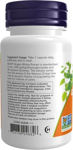 Vista 3 de NOW Foods Suplementos, Ginkgo Biloba 120 mg, Doble Fuerza, Verificado por el Proyecto Sin OMG, 50 Cápsulas Veganas