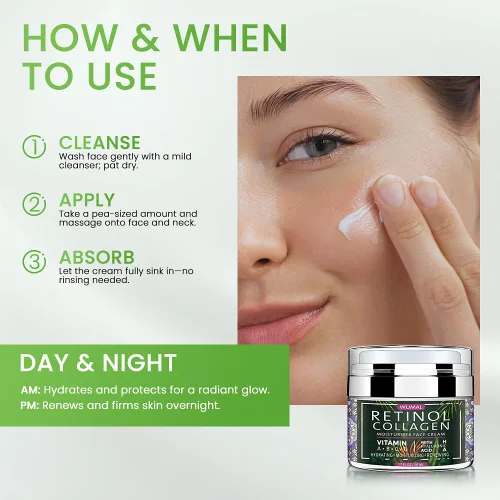 Vista 7 de Crema de retinol con colágeno y ácido hialurónico, hidratante facial para mujeres y hombres, reduce arrugas, líneas finas y sequedad, 1.7 onzas
