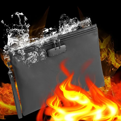 Vista 3 de Bolsa de documentos ignífuga de 2000℉ con bloqueo de contraseña, color negro, 14.3 x 10.2 pulgadas, bolsa de dinero ignífuga para efectivo