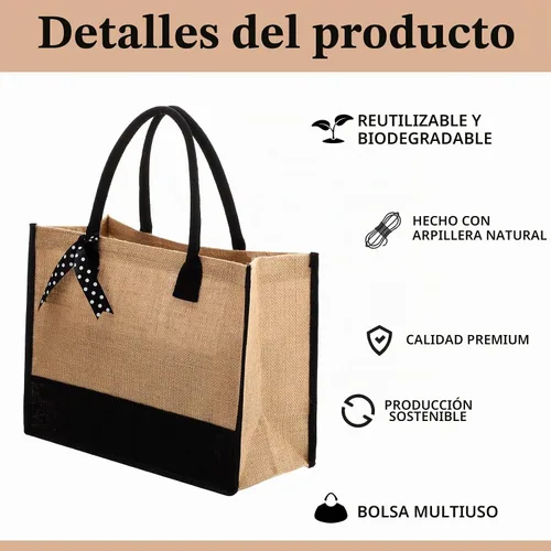 Vista 2 de Peryiter Juego de 8 bolsas de yute negras con asas, bolsas de arpillera grandes reutilizables con cinta de lunares para regalo de dama de honor