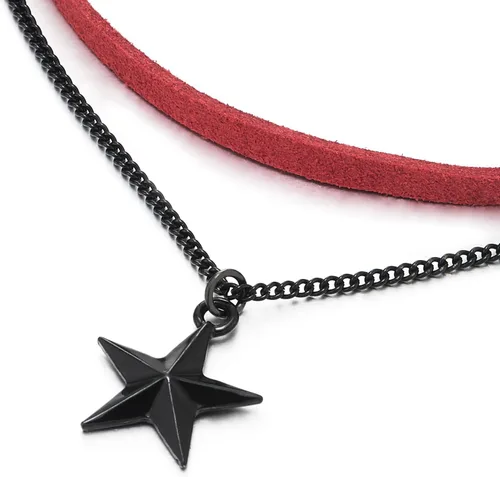 Vista 2 de COOLSTEELANDBEYOND Gargantilla de dos filas con cadena negra y dije de estrella de pentagrama, para mujer