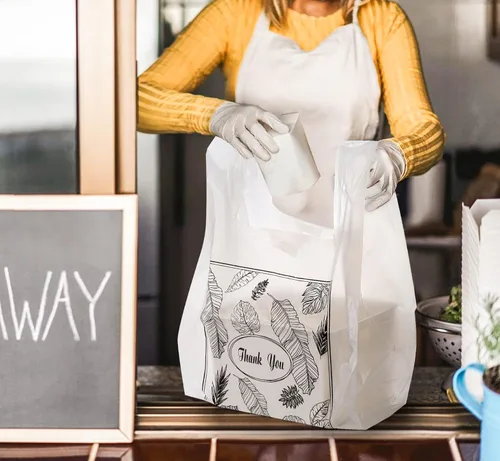 Vista 3 de Yesland Paquete de 500 bolsas de plástico con asas, bolsas de plástico transparente de agradecimiento para compras, 13 x 7 x 21 pulgadas
