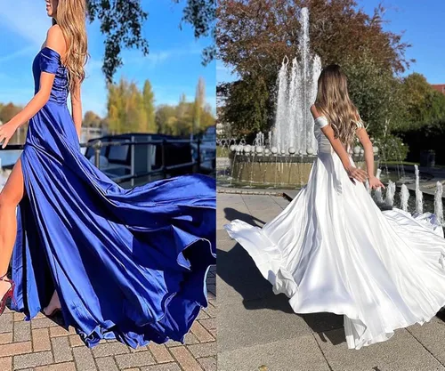 Vista 5 de Mouccy Vestidos de graduación de satén con hombros descubiertos para mujer, con abertura, vestido largo formal con bolsillos, XF010