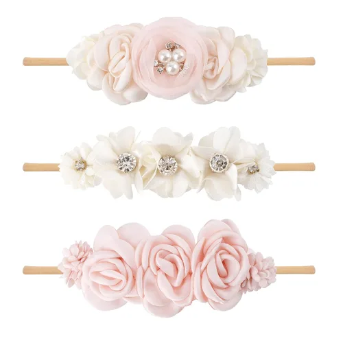 Vista 8 de Diadema floral de nailon para bebé, corona de flores, banda elástica para el cabello, 3 piezas, accesorios para el cabello, regalo para niñas, 2#