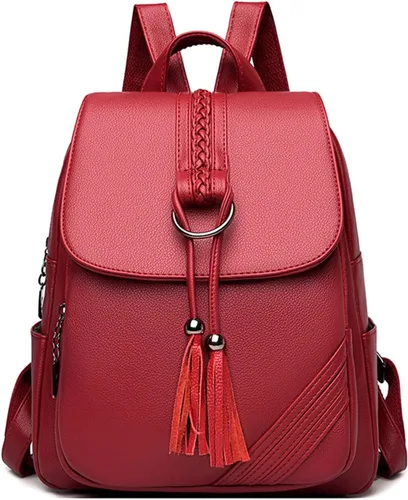 Vista 8 de FANDARE Mochila vintage para mujer con borla, mochila de cuero PU para mujer, Negro, Grande