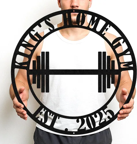 Vista 32 de Cartel de metal personalizado para gimnasio con nombre, arte de pared para sala de entrenamiento en casa, garaje, espacio de fitness, decoración