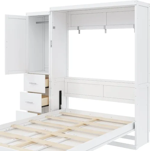 Vista 5 de Cama Murphy de tamaño matrimonial con armario de almacenamiento, ropa y 3 Blanco