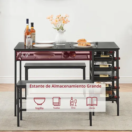 Vista 5 de IDEALHOUSE Juego de mesa de comedor para 4, juego de mesa de cocina para 4 con 2 bancos, juego de mesa de comedor rectangular con estante para Negro
