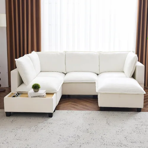 Vista 18 de Sofá seccional de gran tamaño de 142 pulgadas con 2 otomanas y consolas de almacenamiento móviles, sofá modular de felpilla en forma de U de 6