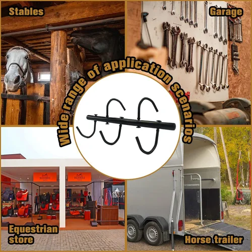 Vista 4 de Estante de acero con ganchos giratorios para caballos, ganchos de brida colgantes negros, ganchos portátiles para tachuelas, organizador