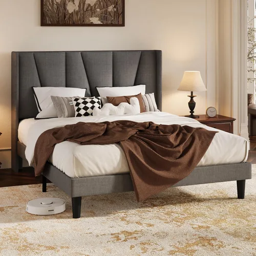 Vista 3 de HOOMIC Base de cama tapizada de tamaño matrimonial con cabecera geométrica moderna con respaldo de ala, listones de madera, no necesita somier, base