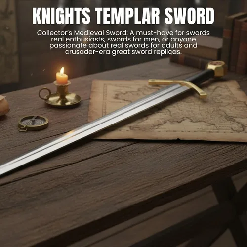 Vista 4 de SZCO Espada de caballeros templarios de 37 pulgadas, espada decorativa medieval de caballero con mango envuelto en cuero negro y vaina de cuero a