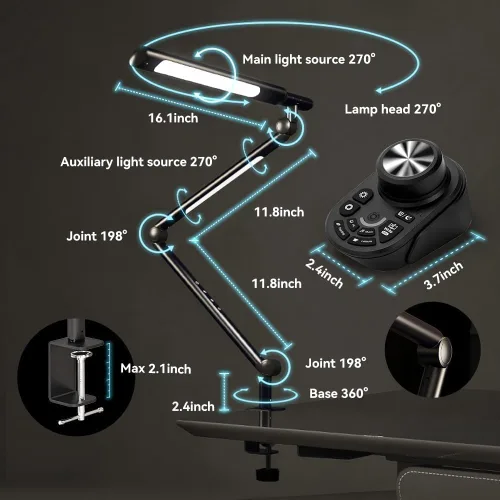 Vista 3 de Lámpara de escritorio LED ajustable de color negro moderno – Lámpara de mesa de oficina de montaje con abrazadera con control remoto de escritorio