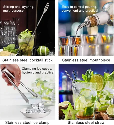 Vista 3 de Kit de camarero con soporte, juego de coctelera, 19 piezas de acero inoxidable kit de barman de cóctel perfecto para el hogar con herramientas