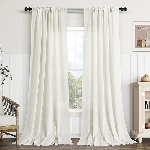 Vista 43 de Cortinas de lino verde aguamarina de 84 pulgadas de largo, juego de 2 paneles semitransparentes con bolsillo para barra para comedor, decoración