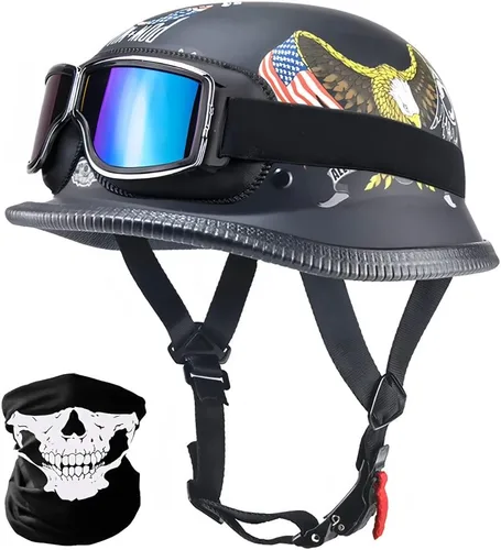 Vista 9 de Casco de motocicleta de estilo alemán, casco de media concha para adultos, hombres y mujeres, casco de motocicleta ligero retro aprobado por DOT