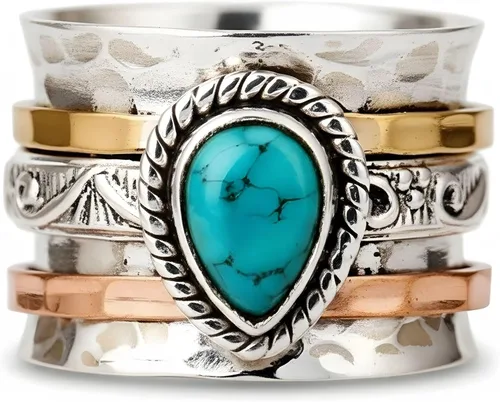 Vista 6 de Anillos de turquesa para mujeres y hombres, chapado en plata de ley, joyería bohemia, vintage, natural, delicada, occidental, anillos de piedra