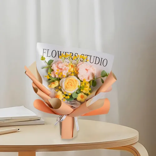 Vista 4 de Gralara Ramo de flores de ganchillo hecho a mano, flores artificiales, decoración del hogar, centro de mesa, plantas sintéticas para cumpleaños