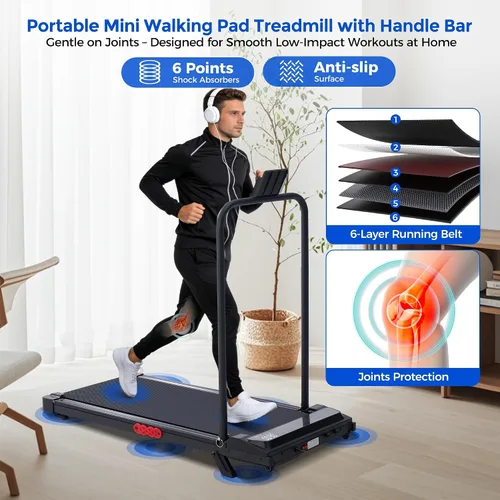 Vista 8 de Compact Treadmills for Home, 3.0HP Portable Walking Pad Treadmill with Incline, 0.6-7.6MPH Electric Walking Pad Treadmill with Handle Bar, Mini
