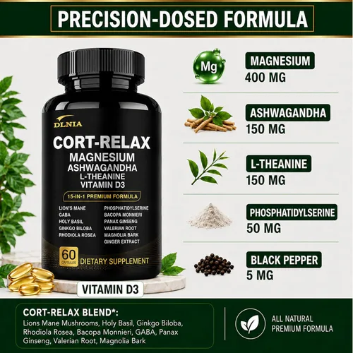 Vista 2 de Suplementos de cortisol súper calmados para mujeres y hombres con glicinato de magnesio, Ashwagandha, L-teanina, fosfatidilserina, ginkgo y melena