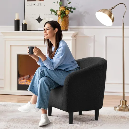 Vista 4 de Topeakmart Silla de barril, silla de acento de sherpa suave, silla auxiliar de club, estilo moderno, asiento profundo, sillón de barril para sala