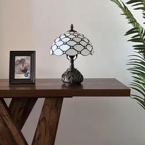 Vista 3 de Tiffany Lámpara de mesa blanca con vitral, bombilla LED incluida, base de libélula para sala de estar, dormitorio, mesita de noche, oficina, hotel